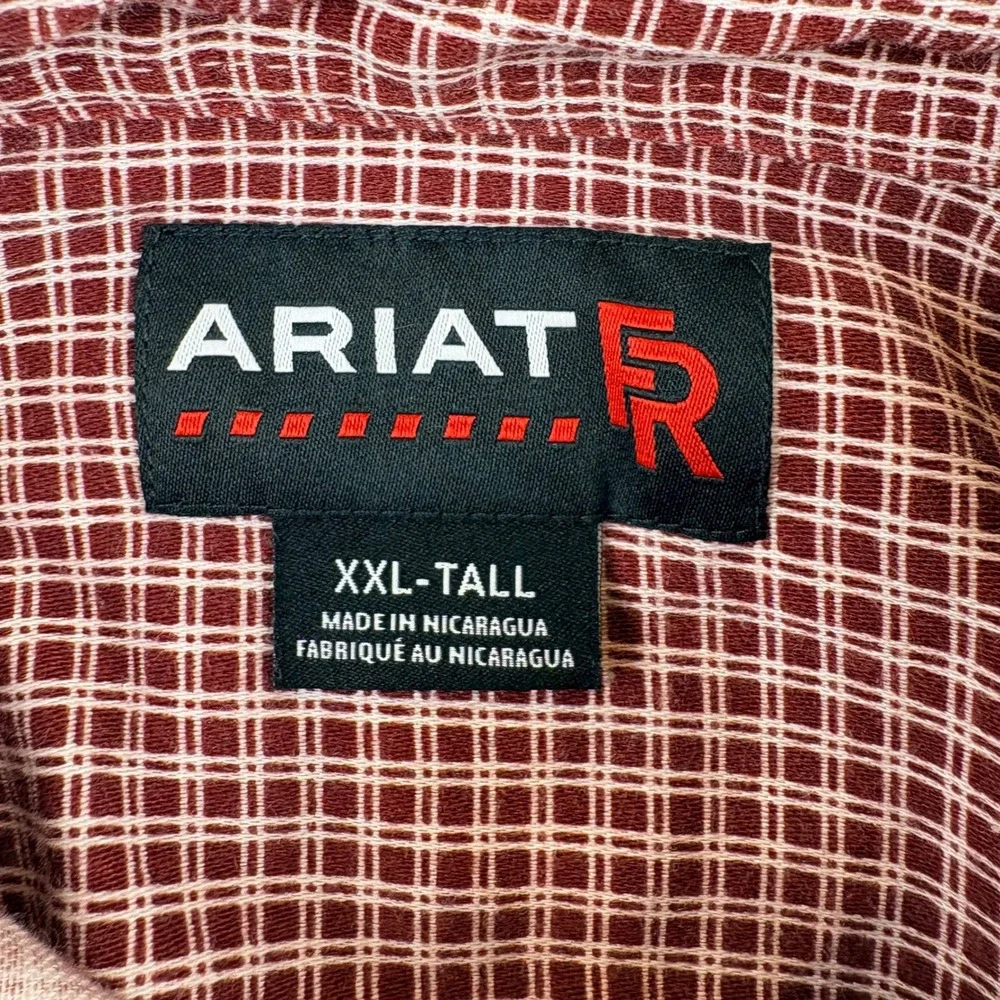 Ariat MNS FR WORK SHIRT Mens XXL-TALL Wine Red Plaid CAT EUC Western Rugged USA
